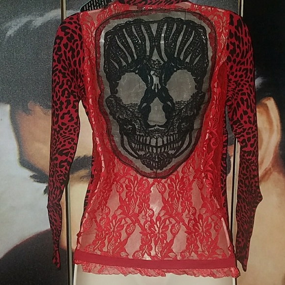 Too Fast Red Leopard Cardigan w Black Gothic Skull Lace Back Red Ruffle Trim - Picture 2 of 8